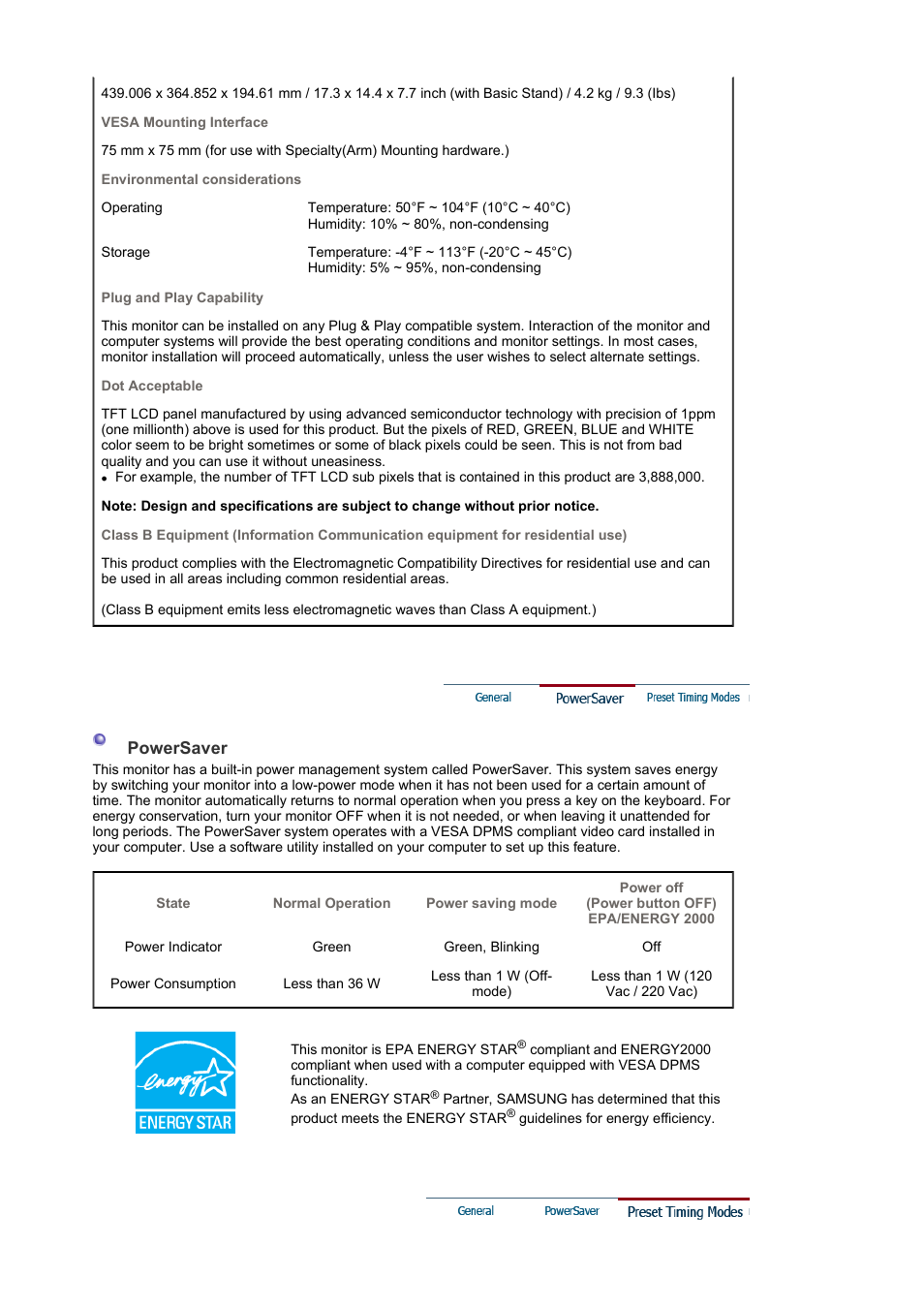 Powersaver, Preset timing modes | Samsung LS19HANKSM-EDC User Manual | Page 37 / 46