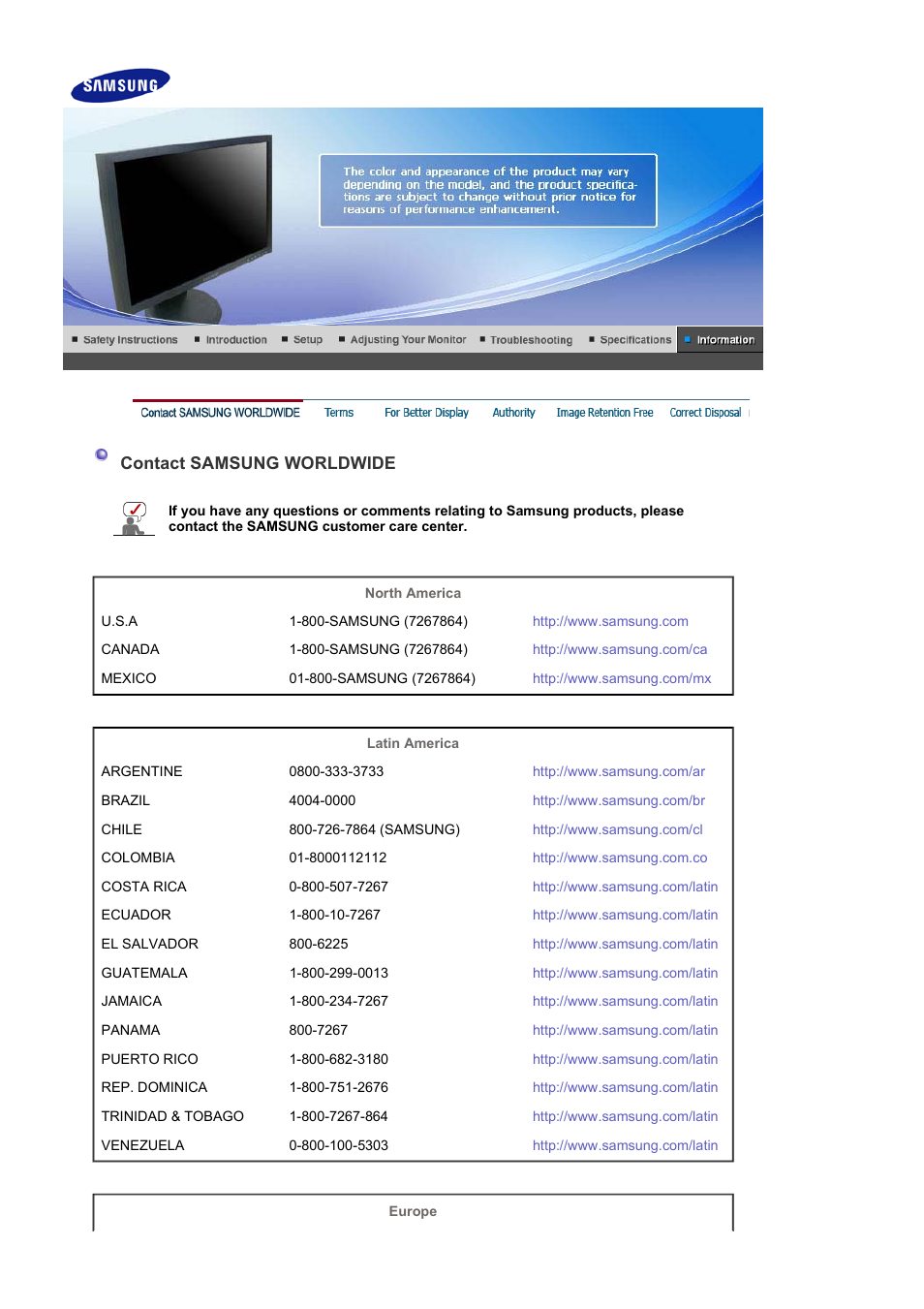 Information, Contact samsung worldwide | Samsung LS19HANKSM-EDC User Manual | Page 39 / 46