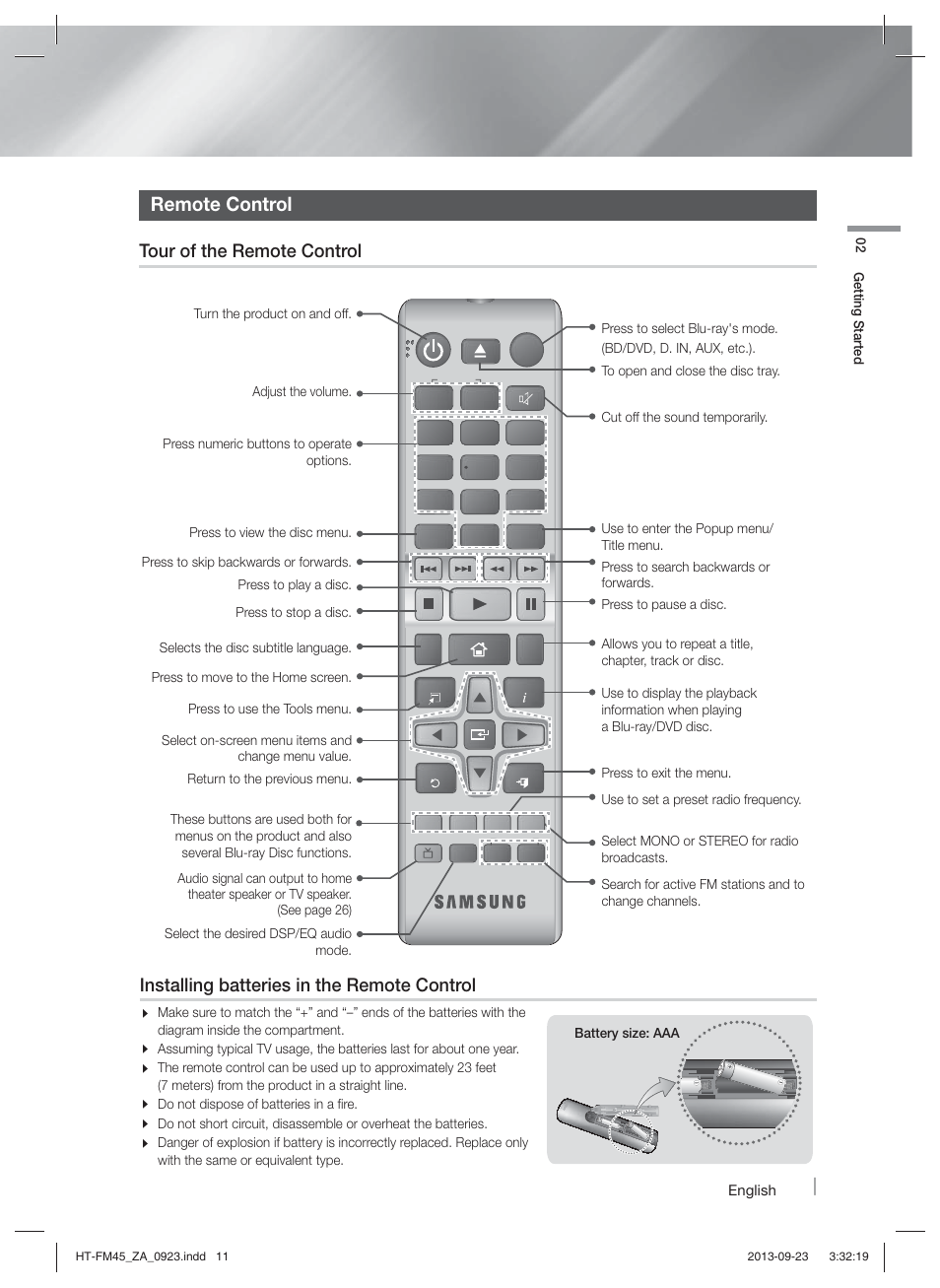 Remote control, Connections, Connecting the speakers | Speaker components | Samsung HT-FM45-ZA User Manual | Page 11 / 39