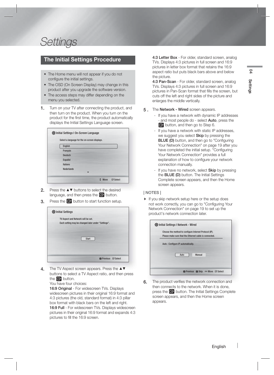 Settings, The initial settings procedure, The home screen | Accessing the settings screen | Samsung HT-FM45-ZA User Manual | Page 15 / 39
