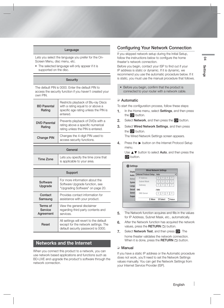 Networks and the internet, Upgrading software, Configuring your network connection | Samsung HT-FM45-ZA User Manual | Page 19 / 39