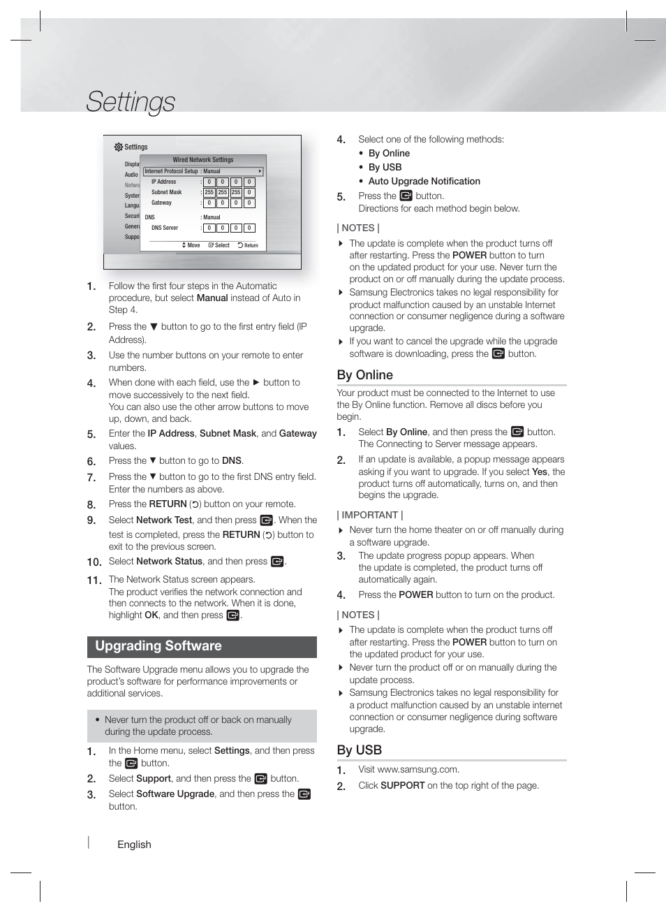 Settings, Upgrading software, By online | By usb | Samsung HT-FM45-ZA User Manual | Page 20 / 39