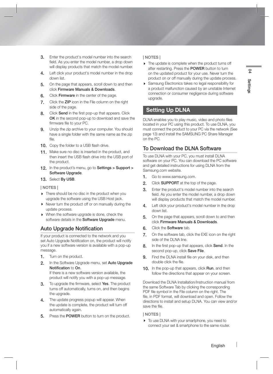 Setting up dlna, Media play, Playing files on a usb device | Playing a disc with user recordedcontent, Auto upgrade notification | Samsung HT-FM45-ZA User Manual | Page 21 / 39