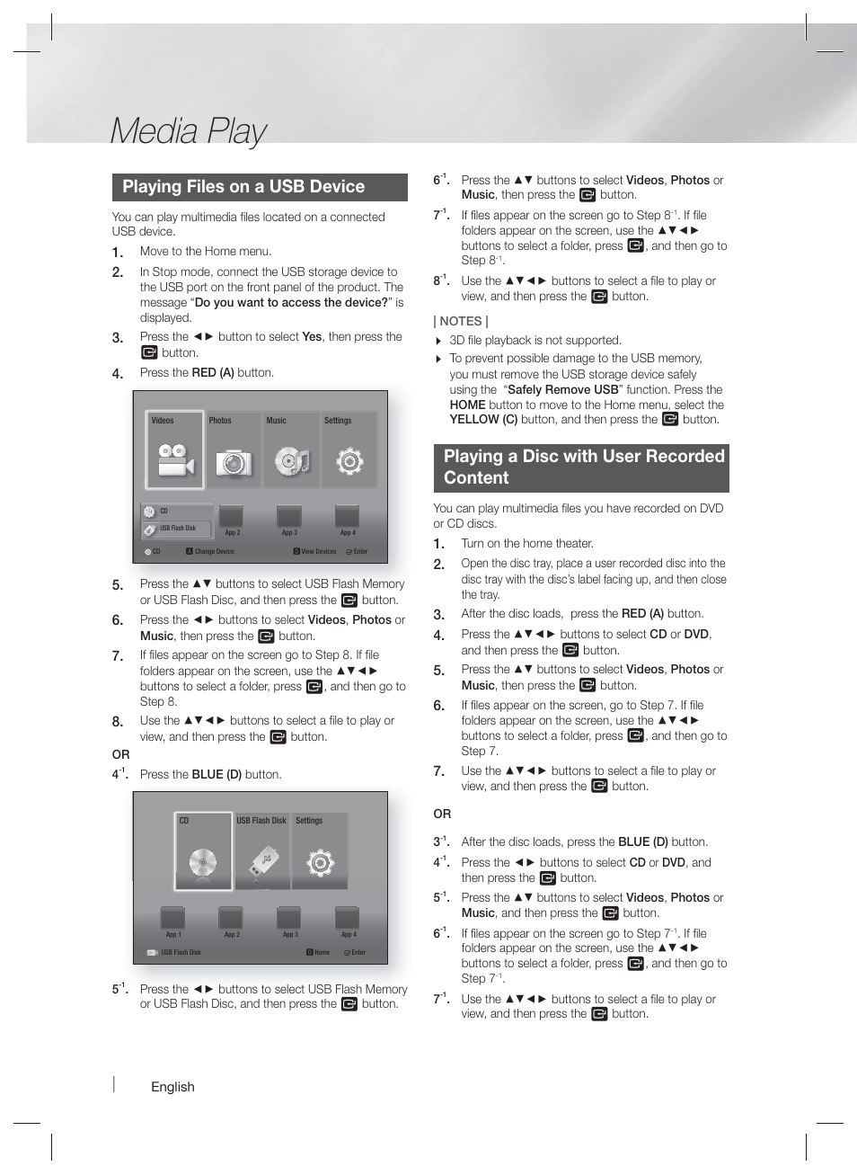 Media play, Playing files on a usb device, Playing a disc with user recorded content | Samsung HT-FM45-ZA User Manual | Page 22 / 39