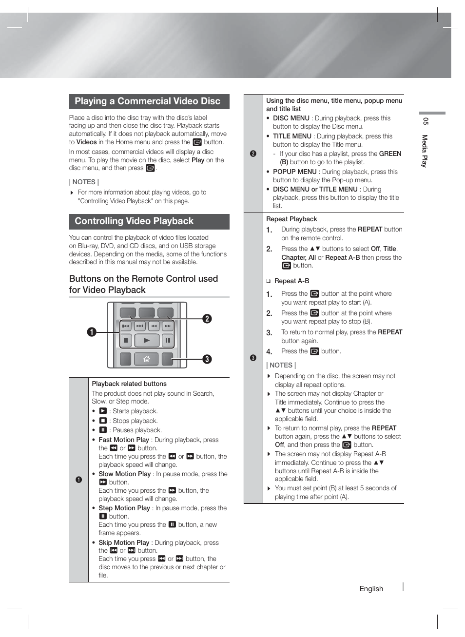 Playing a commercial video disc, Controlling video playback, Playing a pre-recordedcommercial audio disc | Samsung HT-FM45-ZA User Manual | Page 23 / 39