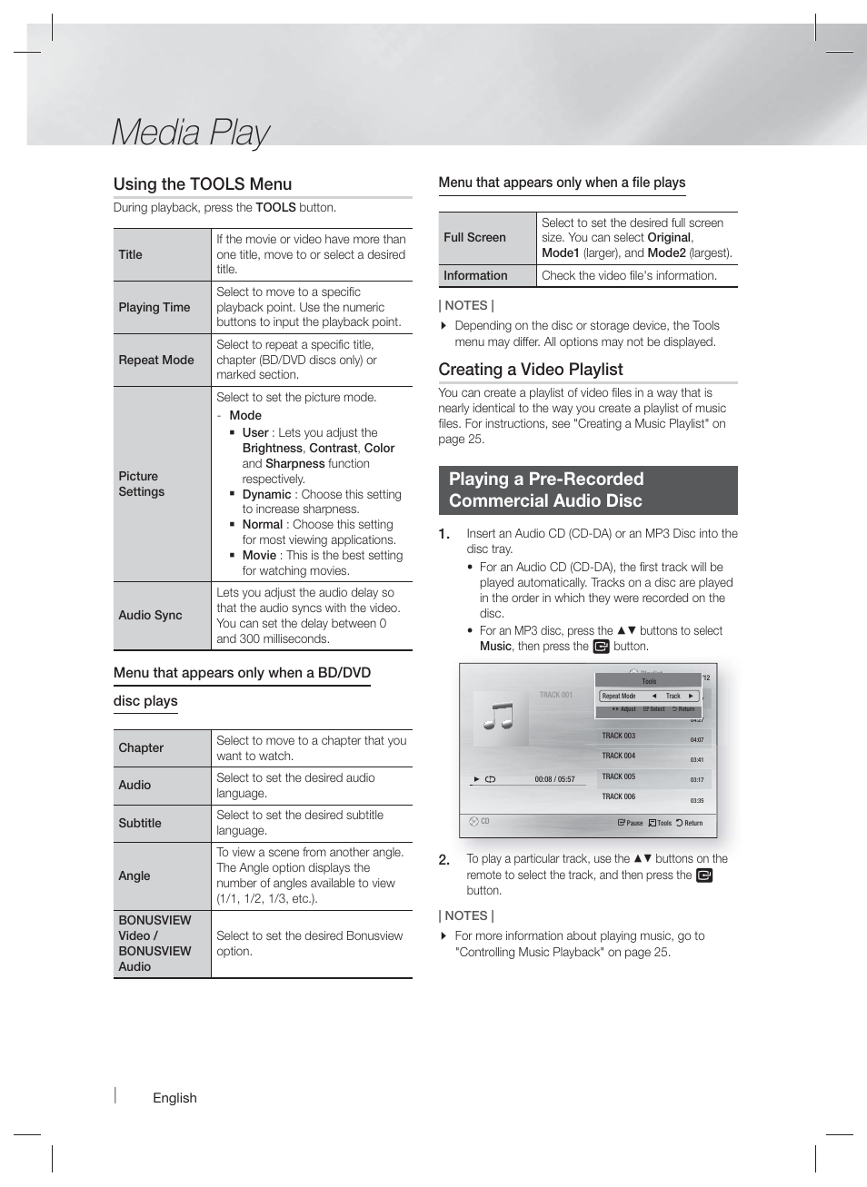 Media play, Playing a pre-recorded commercial audio disc, Using the tools menu | Creating a video playlist, Menu that appears only when a bd/dvd disc plays, Menu that appears only when a file plays | Samsung HT-FM45-ZA User Manual | Page 24 / 39