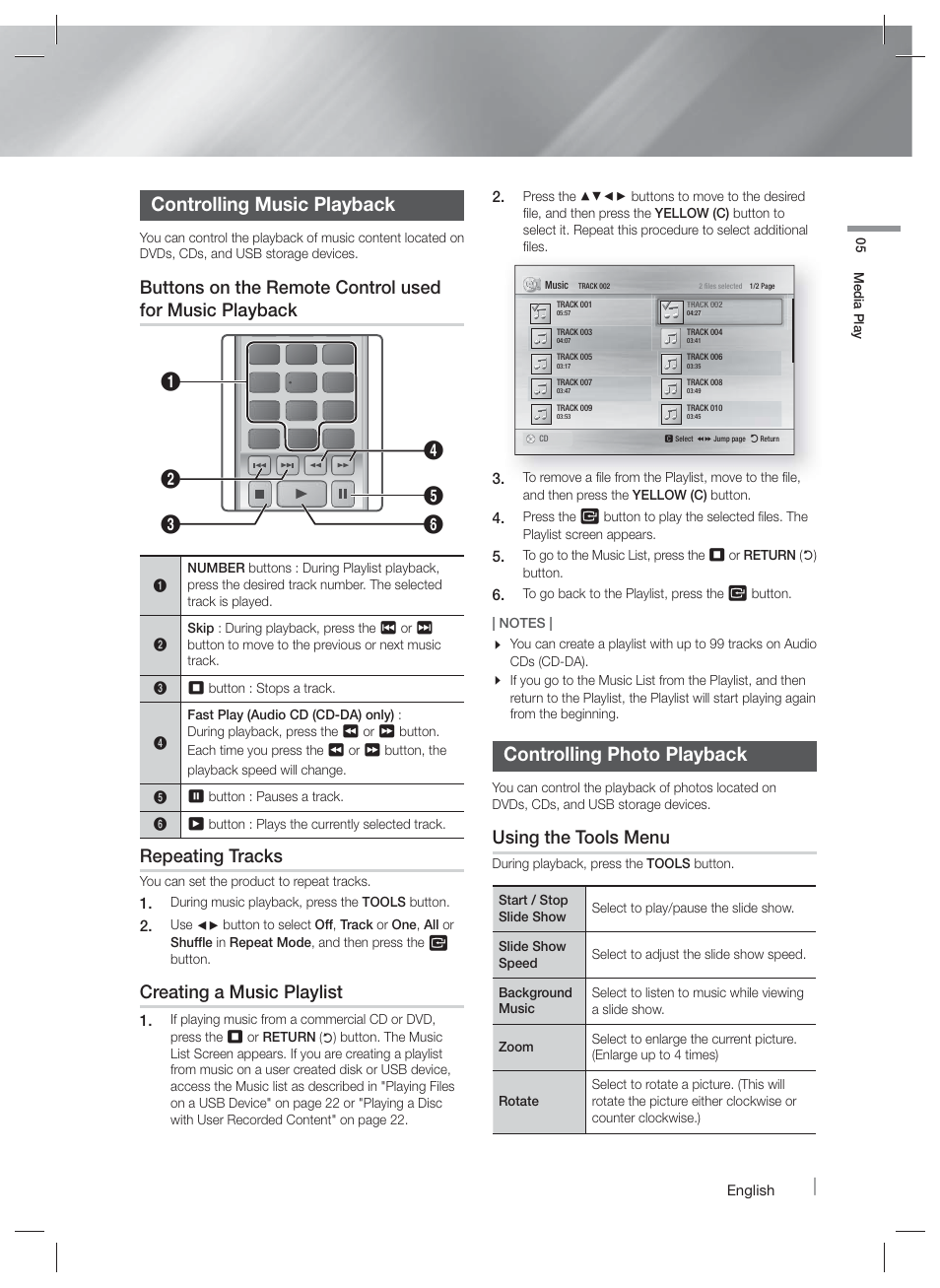 Controlling music playback, Controlling photo playback, Listening to radio | Using the tv sound button onthe remote control, Repeating tracks, Creating a music playlist, Using the tools menu | Samsung HT-FM45-ZA User Manual | Page 25 / 39