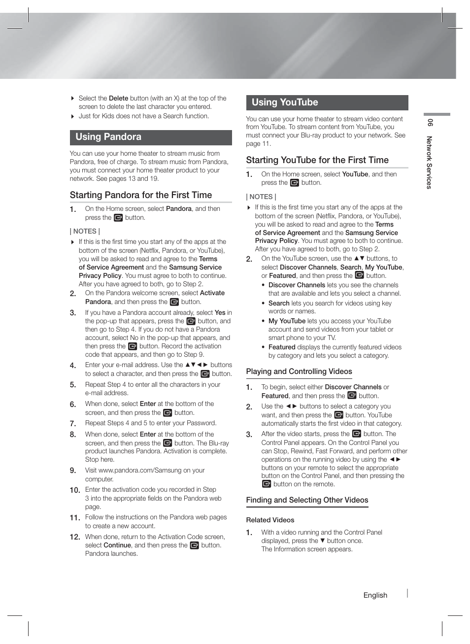 Using pandora, Using youtube, The other apps | Starting pandora for the first time, Starting youtube for the first time | Samsung HT-FM45-ZA User Manual | Page 29 / 39