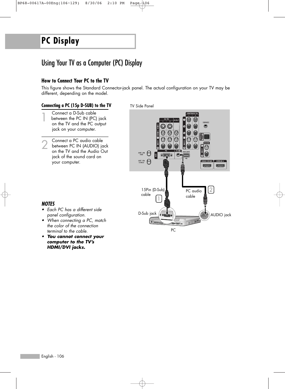 Using your tv as a computer (pc) display, Pc display | Samsung HLS4676SX-XAA User Manual | Page 106 / 136