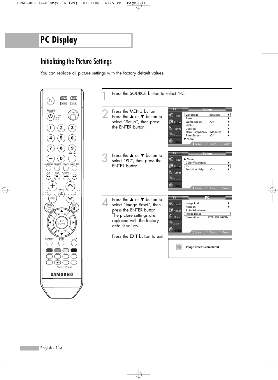 Initializing the picture settings, Pc display | Samsung HLS4676SX-XAA User Manual | Page 114 / 136