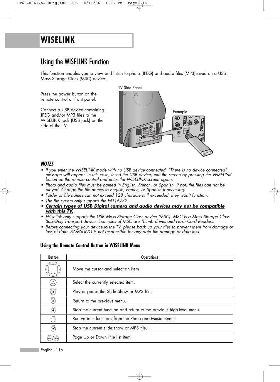 Using the wiselink function, Wiselink | Samsung HLS4676SX-XAA User Manual | Page 116 / 136