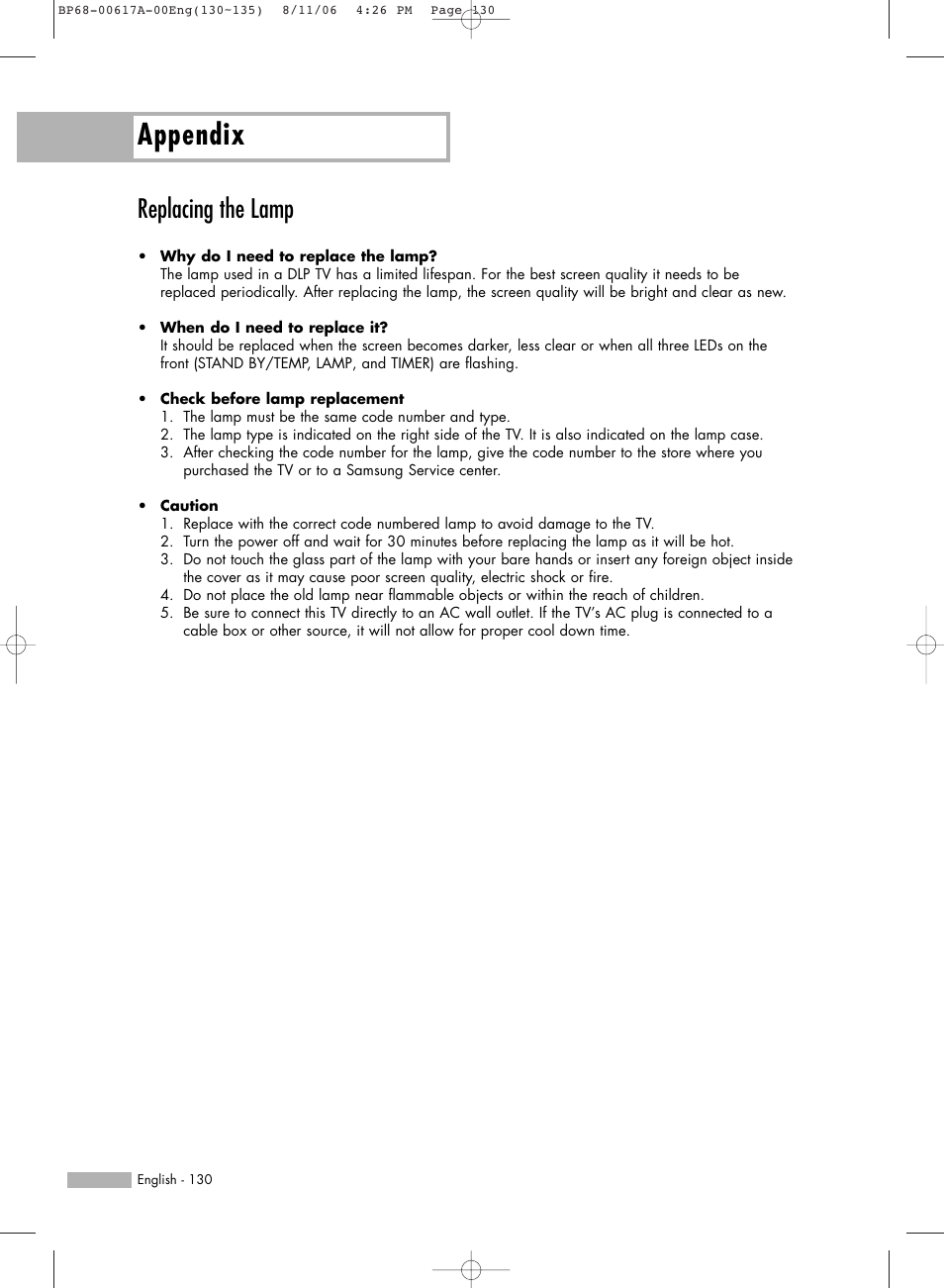 Replacing the lamp, Appendix | Samsung HLS4676SX-XAA User Manual | Page 130 / 136