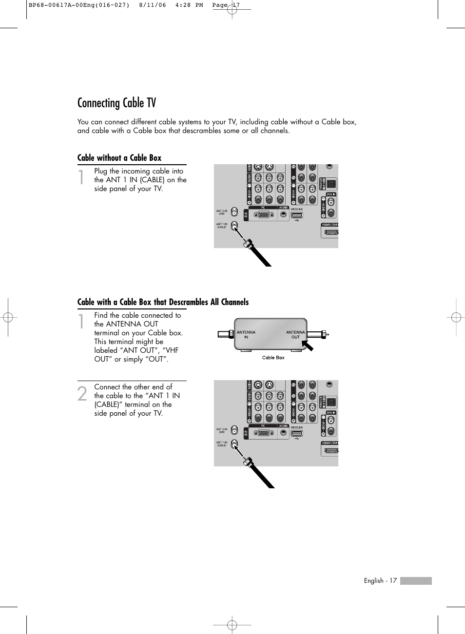 Connecting cable tv | Samsung HLS4676SX-XAA User Manual | Page 17 / 136