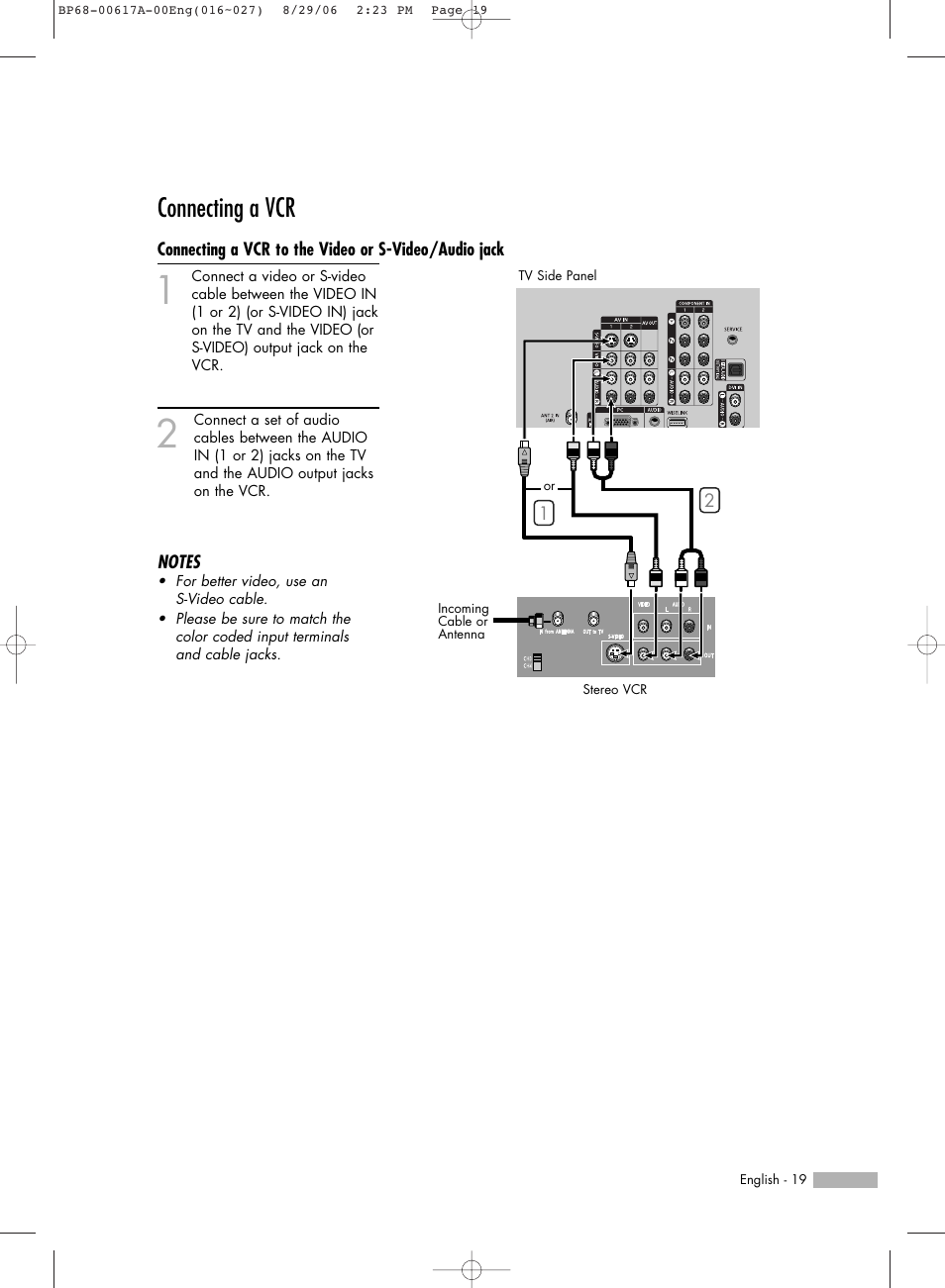 Connecting a vcr | Samsung HLS4676SX-XAA User Manual | Page 19 / 136