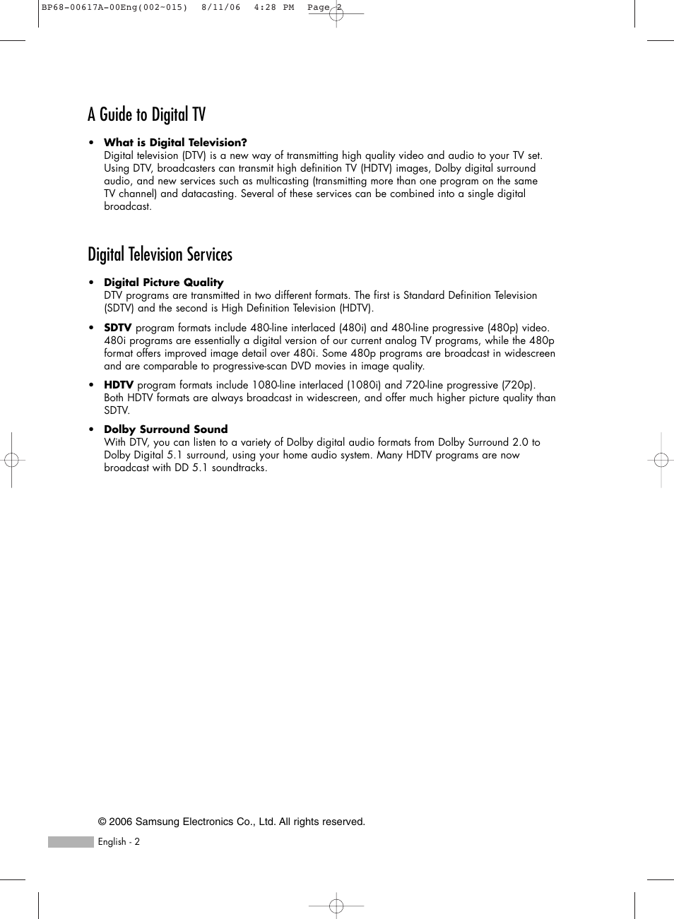 A guide to digital tv, Digital television services | Samsung HLS4676SX-XAA User Manual | Page 2 / 136