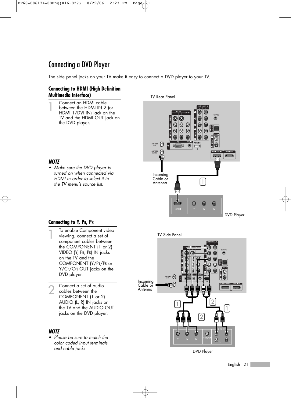 Connecting a dvd player | Samsung HLS4676SX-XAA User Manual | Page 21 / 136