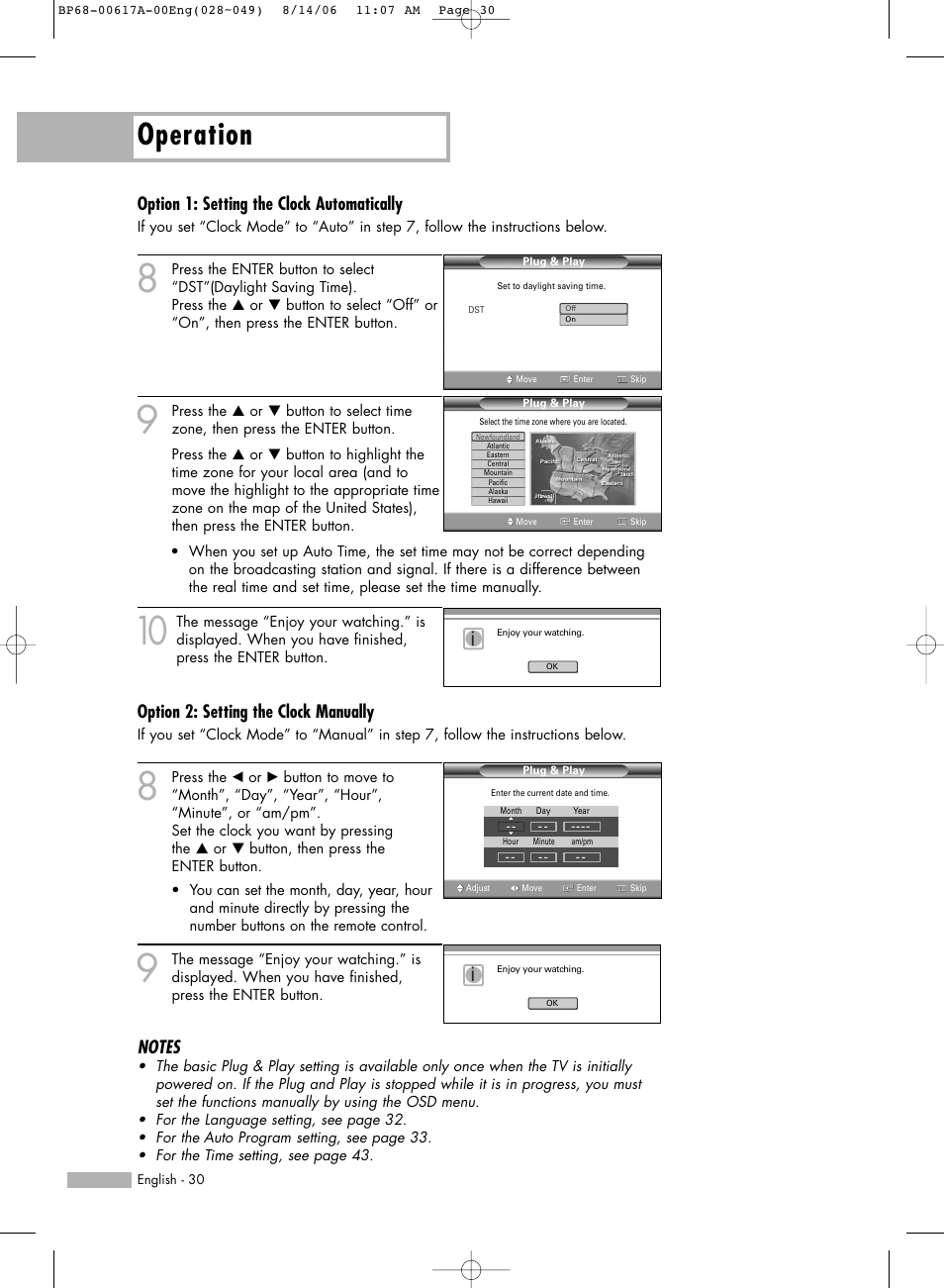 Operation, Option 1: setting the clock automatically, Option 2: setting the clock manually | Samsung HLS4676SX-XAA User Manual | Page 30 / 136