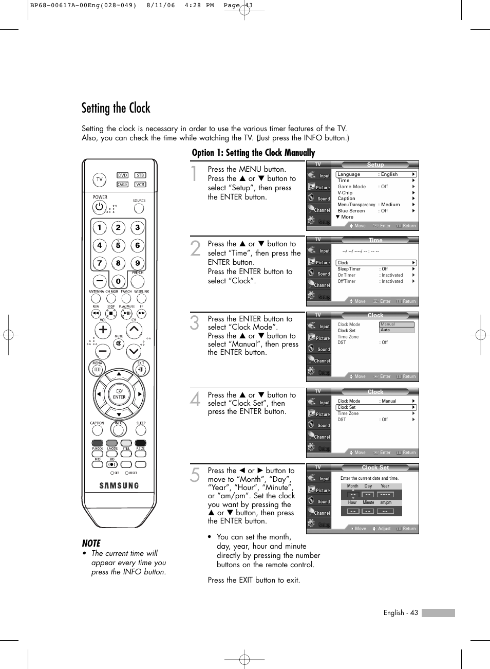 Setting the clock, Option 1: setting the clock manually | Samsung HLS4676SX-XAA User Manual | Page 43 / 136