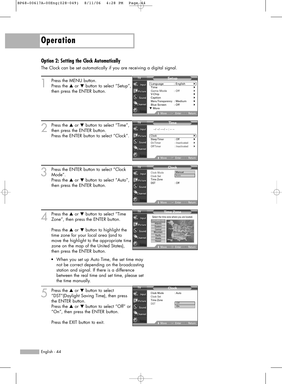 Operation, Option 2: setting the clock automatically | Samsung HLS4676SX-XAA User Manual | Page 44 / 136