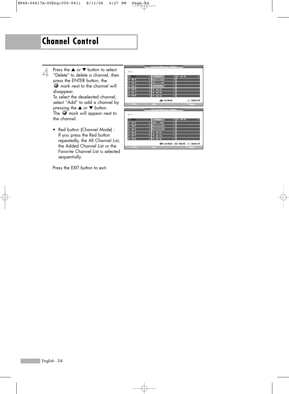 Channel control | Samsung HLS4676SX-XAA User Manual | Page 54 / 136