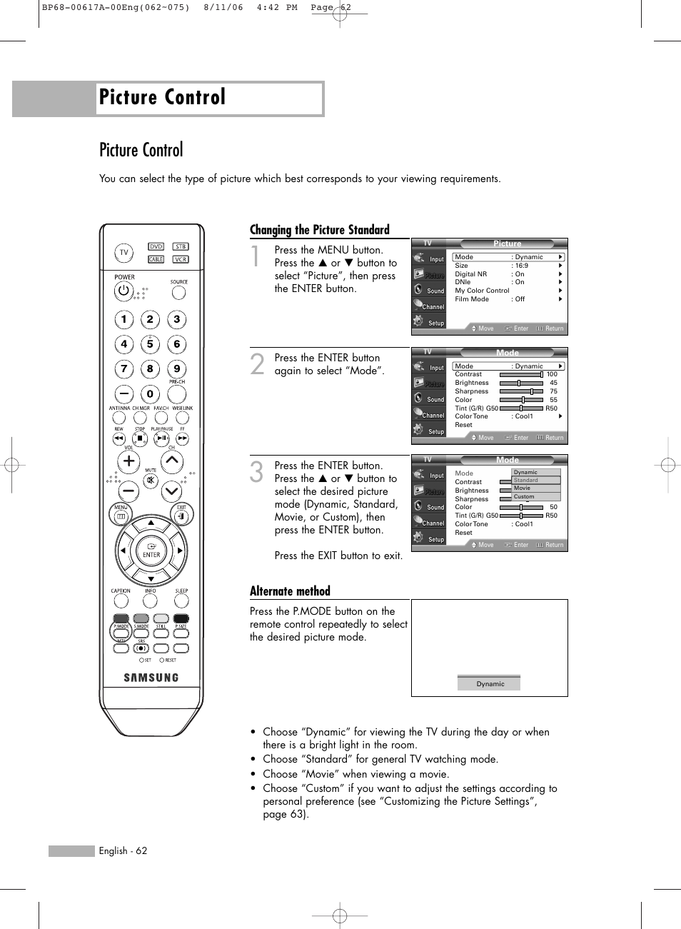 Picture control, Changing the picture standard, Alternate method | Samsung HLS4676SX-XAA User Manual | Page 62 / 136
