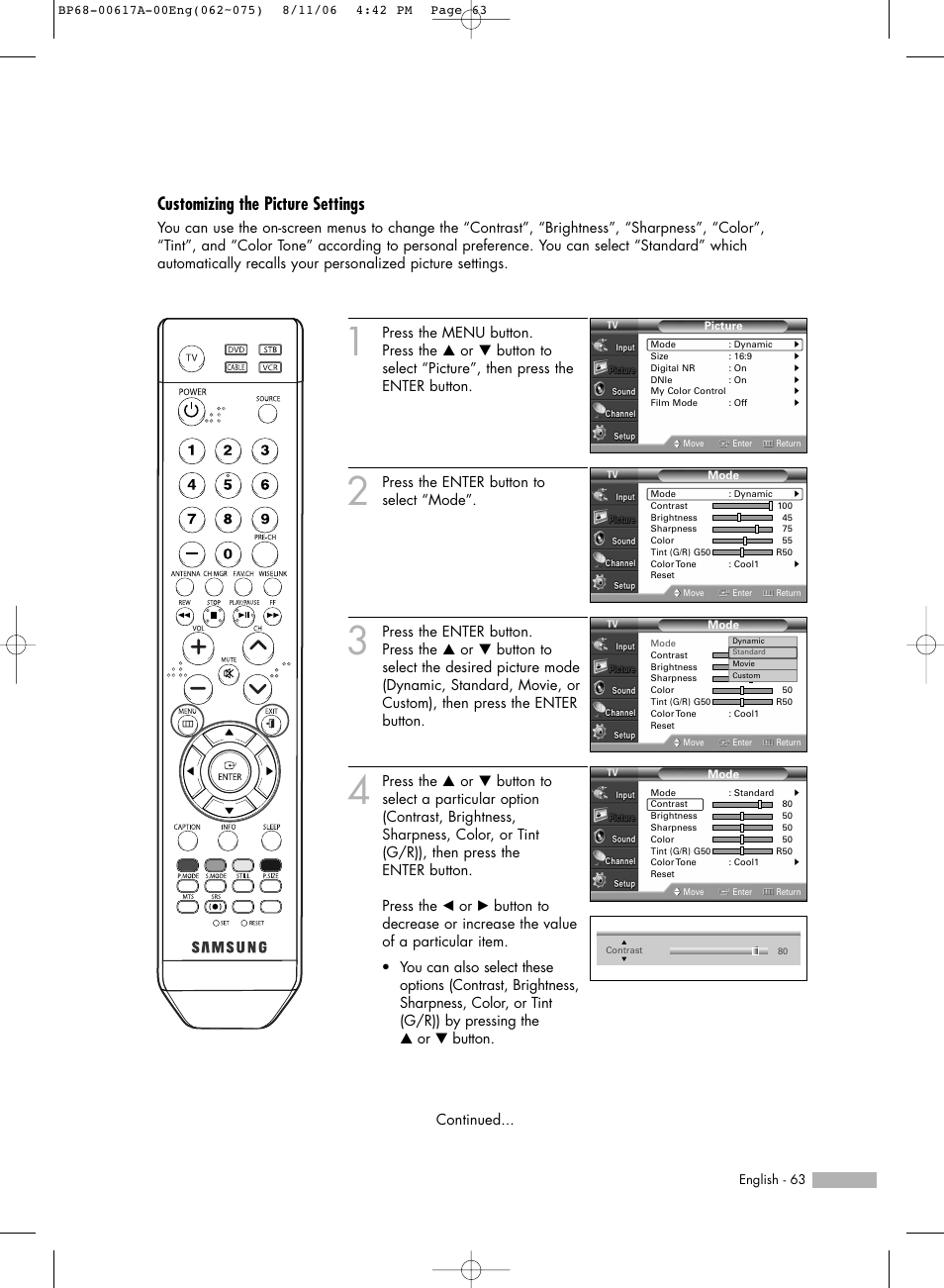 Customizing the picture settings | Samsung HLS4676SX-XAA User Manual | Page 63 / 136