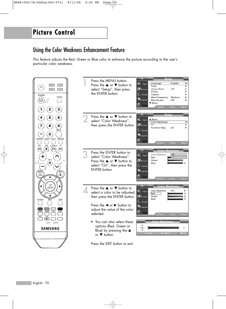 Using the color weakness enhancement feature, Picture control | Samsung HLS4676SX-XAA User Manual | Page 70 / 136