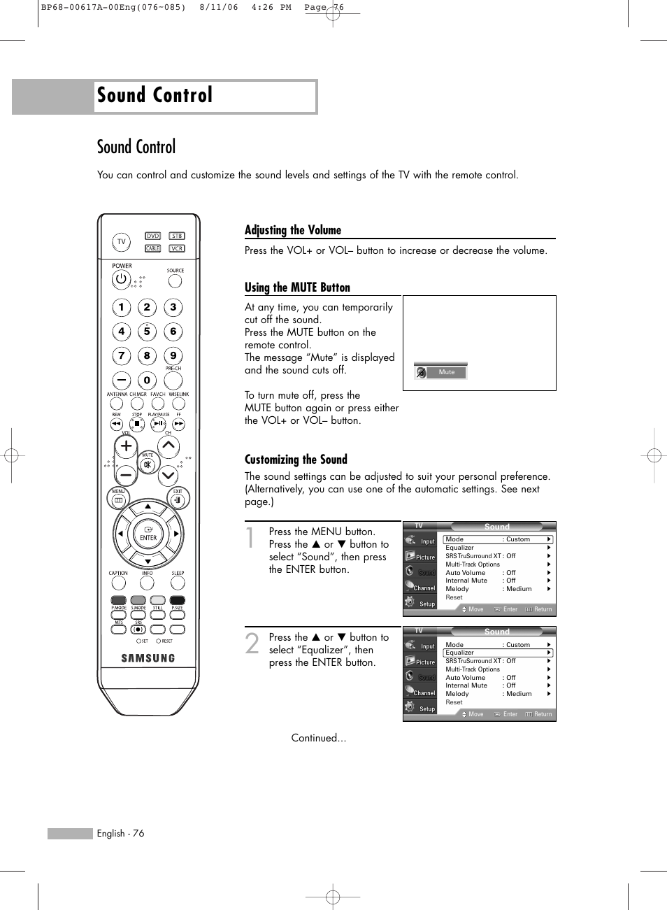 Sound control, Adjusting the volume, Using the mute button | Customizing the sound | Samsung HLS4676SX-XAA User Manual | Page 76 / 136