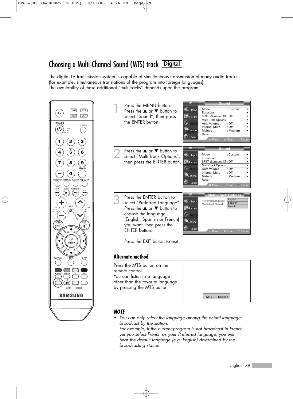 Choosing a multi-channel sound (mts) track, Digital, Alternate method | Samsung HLS4676SX-XAA User Manual | Page 79 / 136