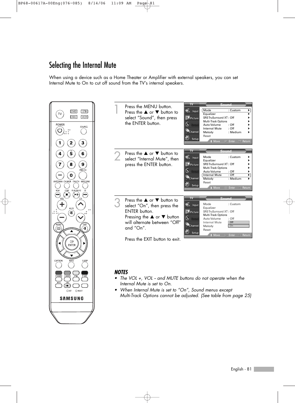 Selecting the internal mute | Samsung HLS4676SX-XAA User Manual | Page 81 / 136