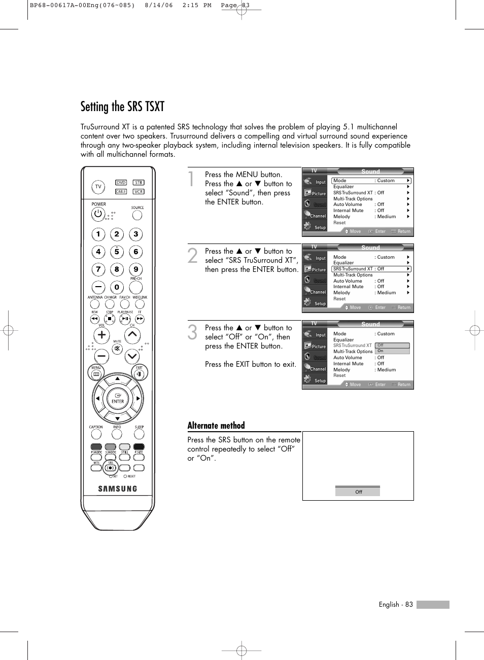 Setting the srs tsxt, Alternate method | Samsung HLS4676SX-XAA User Manual | Page 83 / 136