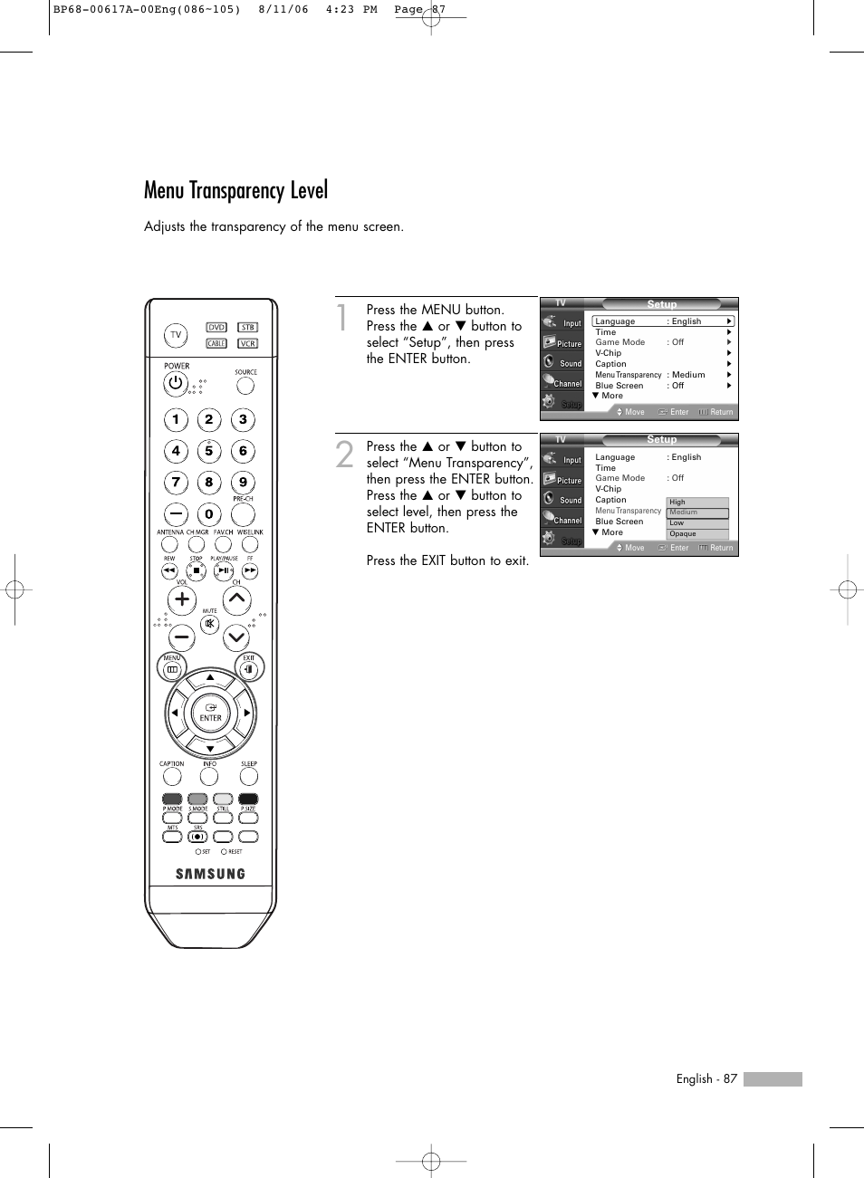 Menu transparency level | Samsung HLS4676SX-XAA User Manual | Page 87 / 136