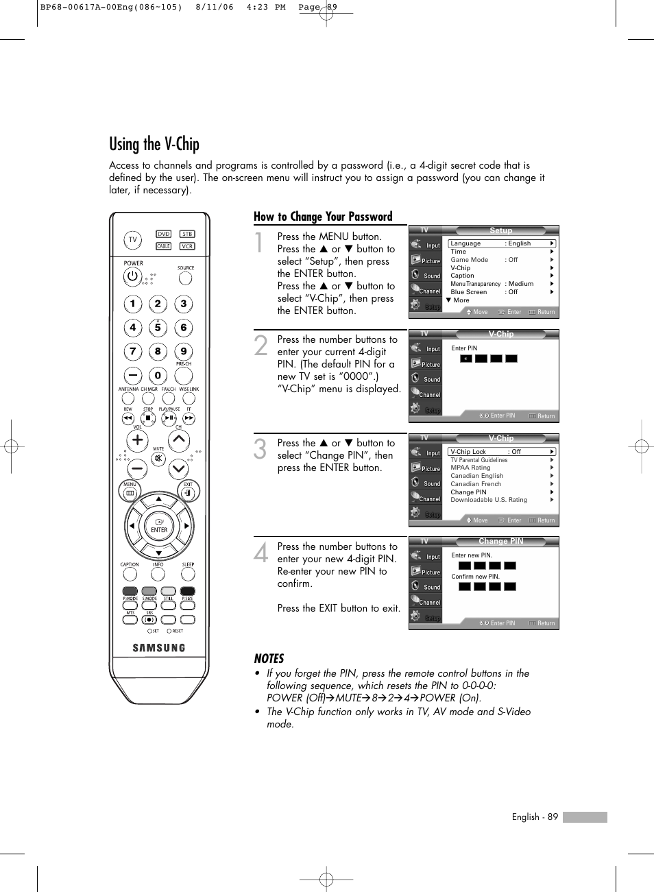 Using the v-chip, How to change your password | Samsung HLS4676SX-XAA User Manual | Page 89 / 136