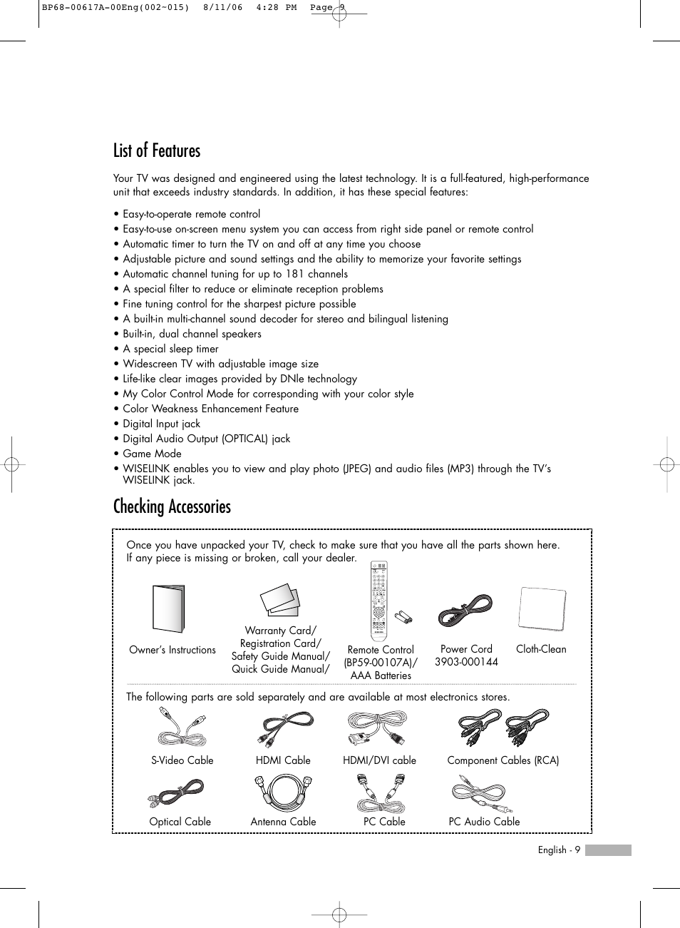 List of features, Checking accessories | Samsung HLS4676SX-XAA User Manual | Page 9 / 136