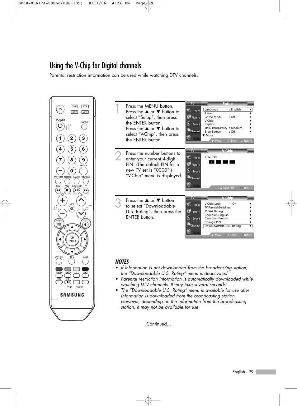 Using the v-chip for digital channels | Samsung HLS4676SX-XAA User Manual | Page 99 / 136