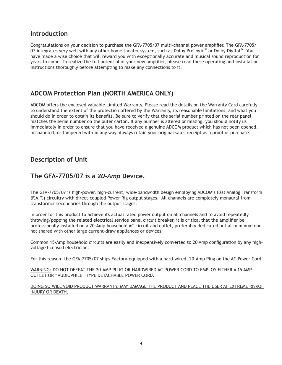 Introduction, Adcom protection plan (north america only) | Adcom GFA 7705 User Manual | Page 4 / 16