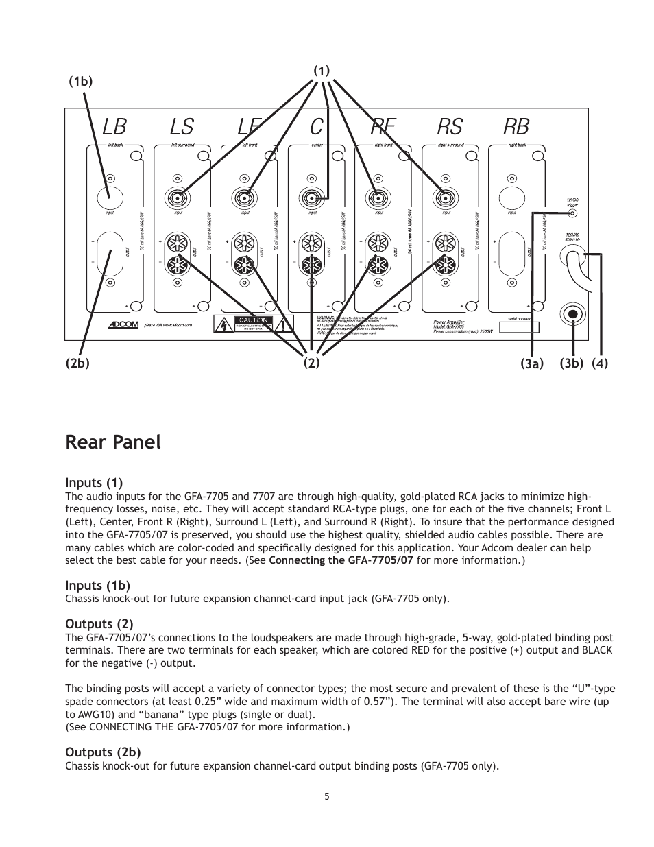 Rear panel | Adcom GFA 7705 User Manual | Page 5 / 16