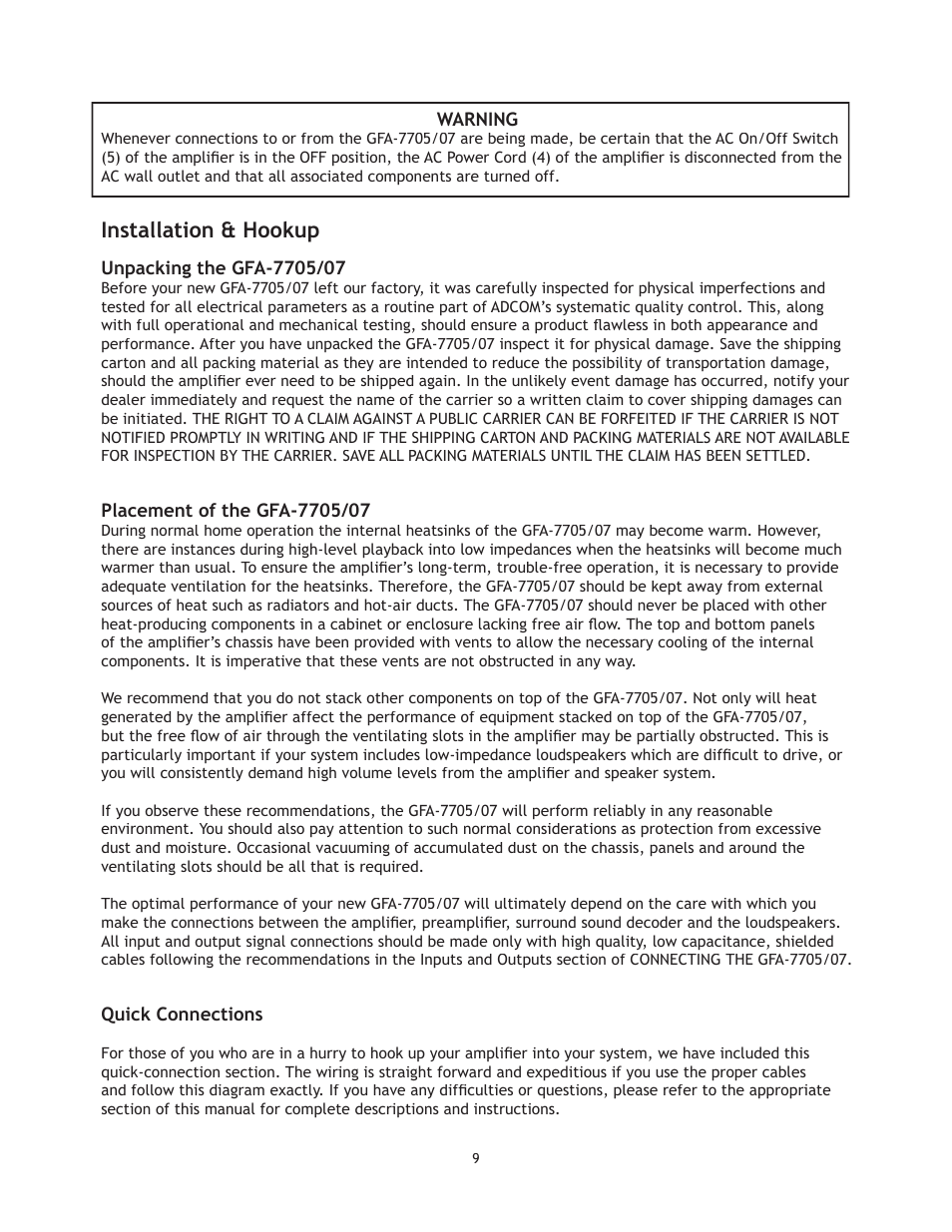 Installation & hookup | Adcom GFA 7705 User Manual | Page 9 / 16