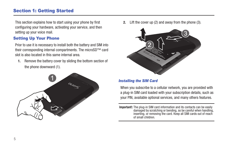 Section 1: getting started, Setting up your phone | Samsung SGH-I897ZKMATT User Manual | Page 10 / 208