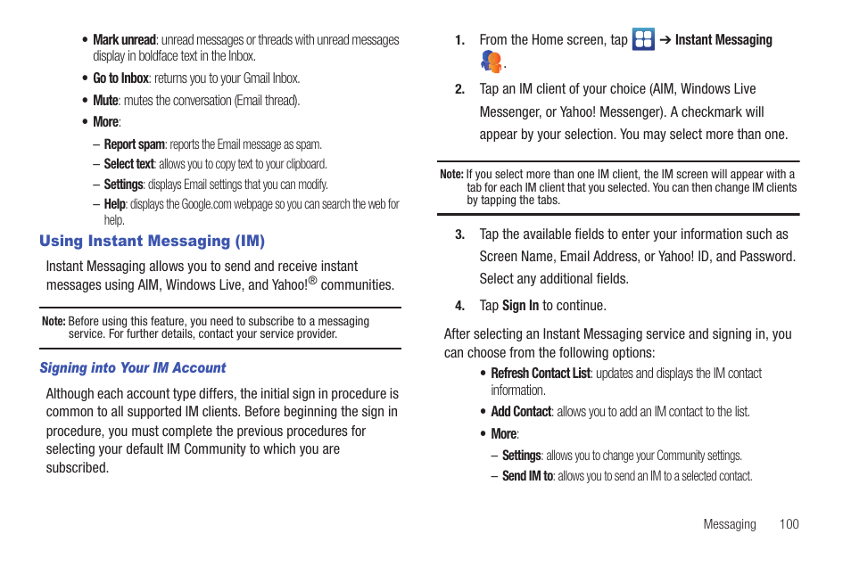 Using instant messaging (im) | Samsung SGH-I897ZKMATT User Manual | Page 105 / 208