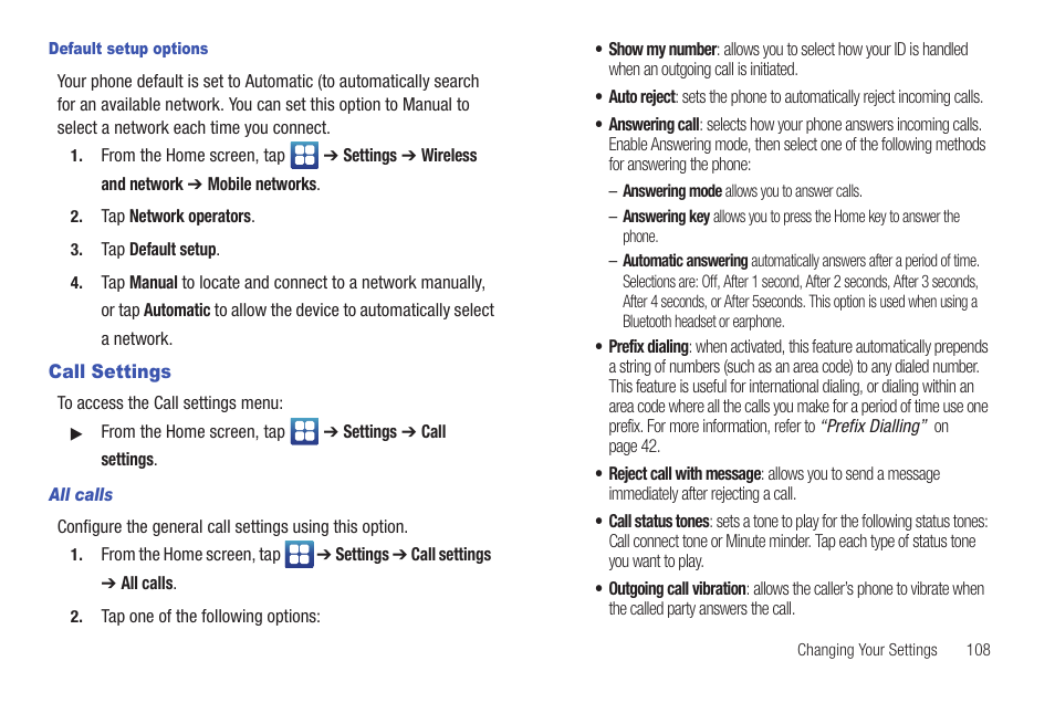 Call settings | Samsung SGH-I897ZKMATT User Manual | Page 113 / 208