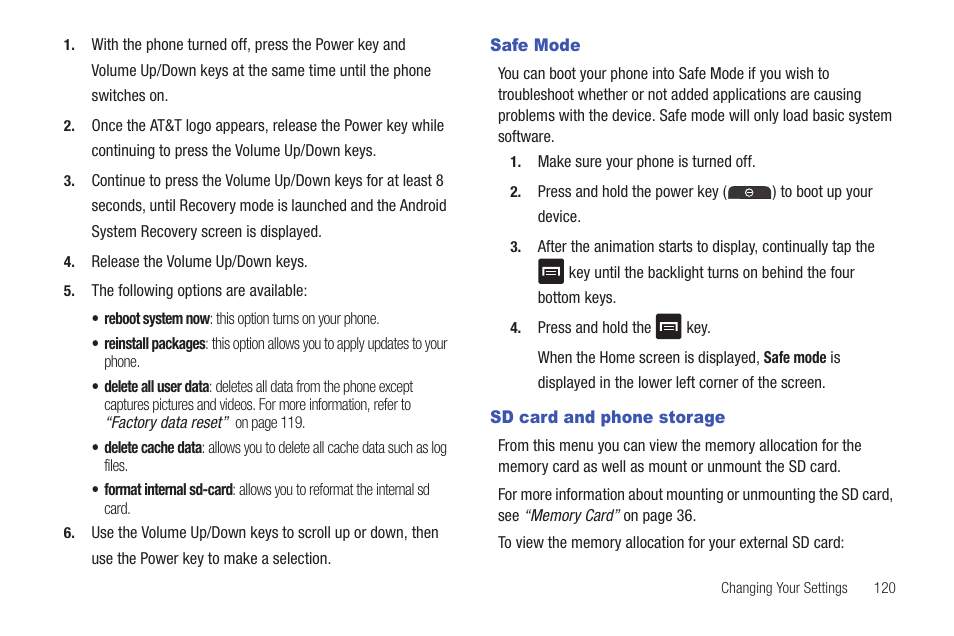 Safe mode, Sd card and phone storage, Safe mode sd card and phone storage | Samsung SGH-I897ZKMATT User Manual | Page 125 / 208