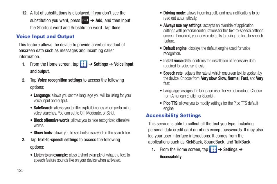 Voice input and output, Accessibility settings, Voice input and output accessibility settings | Samsung SGH-I897ZKMATT User Manual | Page 130 / 208