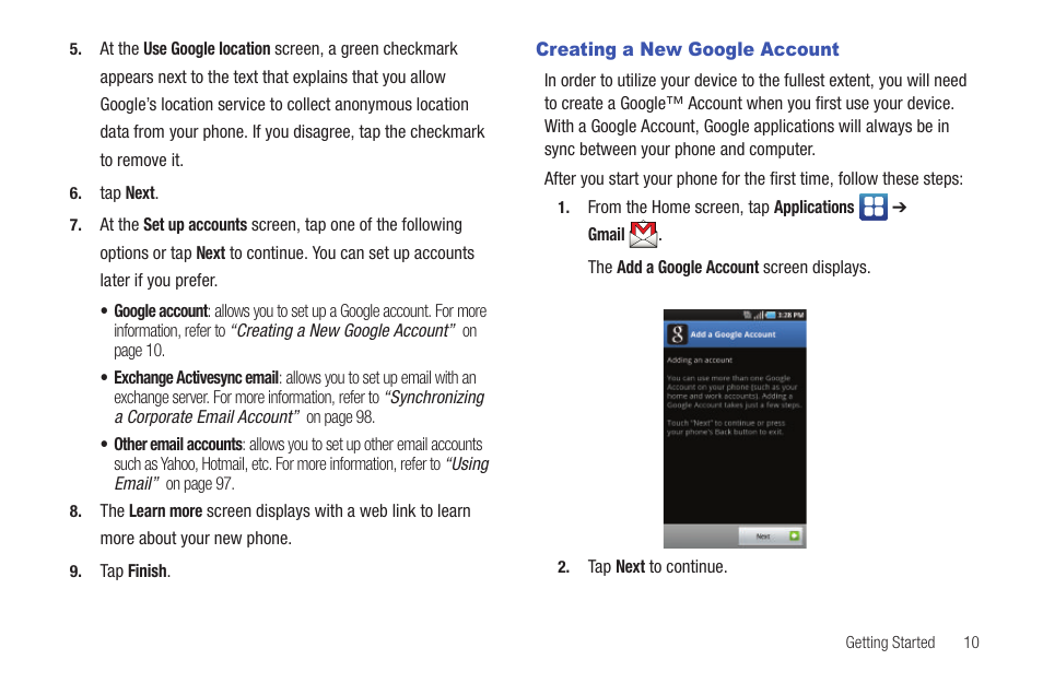 Creating a new google account | Samsung SGH-I897ZKMATT User Manual | Page 15 / 208