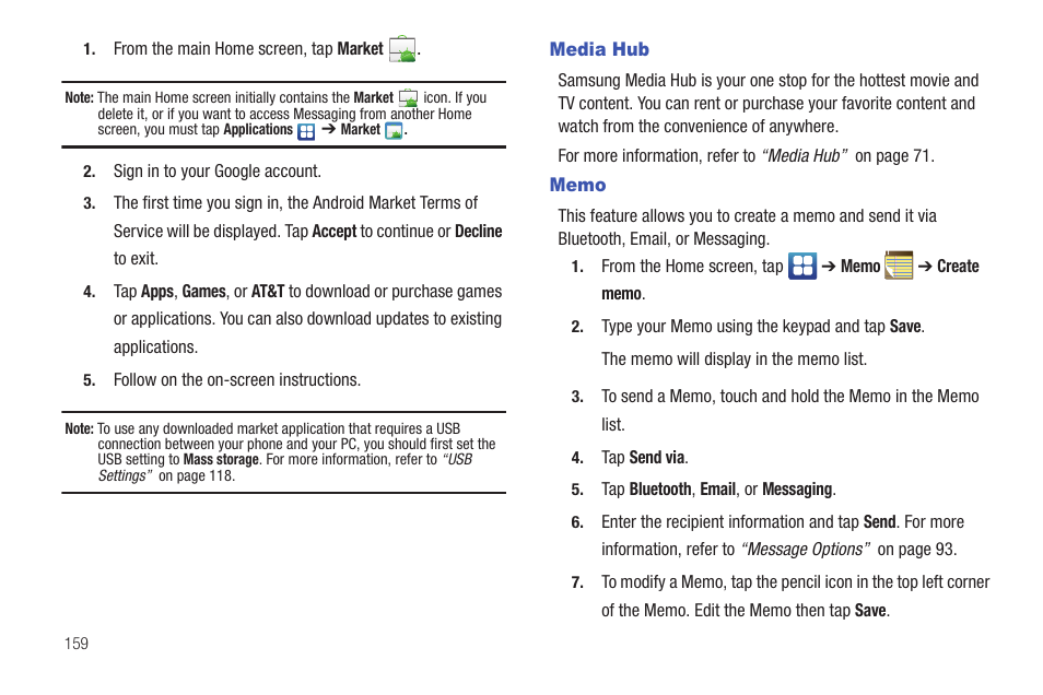 Media hub, Memo, Media hub memo | Samsung SGH-I897ZKMATT User Manual | Page 164 / 208