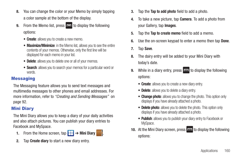 Messaging, Mini diary, Messaging mini diary | Samsung SGH-I897ZKMATT User Manual | Page 165 / 208