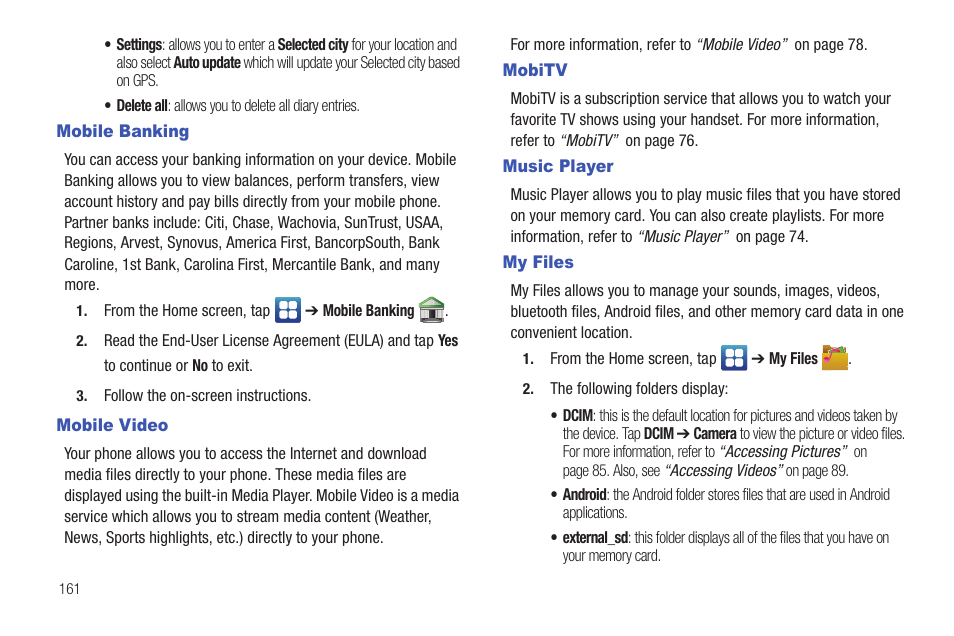Mobile banking, Mobile video, Mobitv | Music player, My files | Samsung SGH-I897ZKMATT User Manual | Page 166 / 208