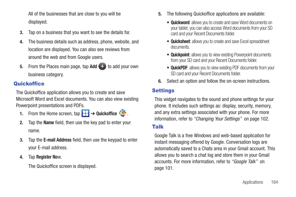 Quickoffice, Settings, Talk | Quickoffice settings talk | Samsung SGH-I897ZKMATT User Manual | Page 169 / 208