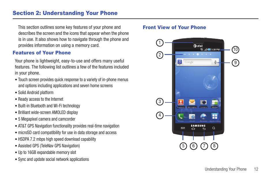 Section 2: understanding your phone, Features of your phone, Front view of your phone | Features of your phone front view of your phone | Samsung SGH-I897ZKMATT User Manual | Page 17 / 208