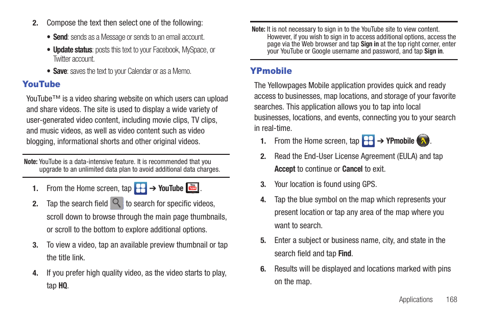 Youtube, Ypmobile, Youtube ypmobile | Samsung SGH-I897ZKMATT User Manual | Page 173 / 208